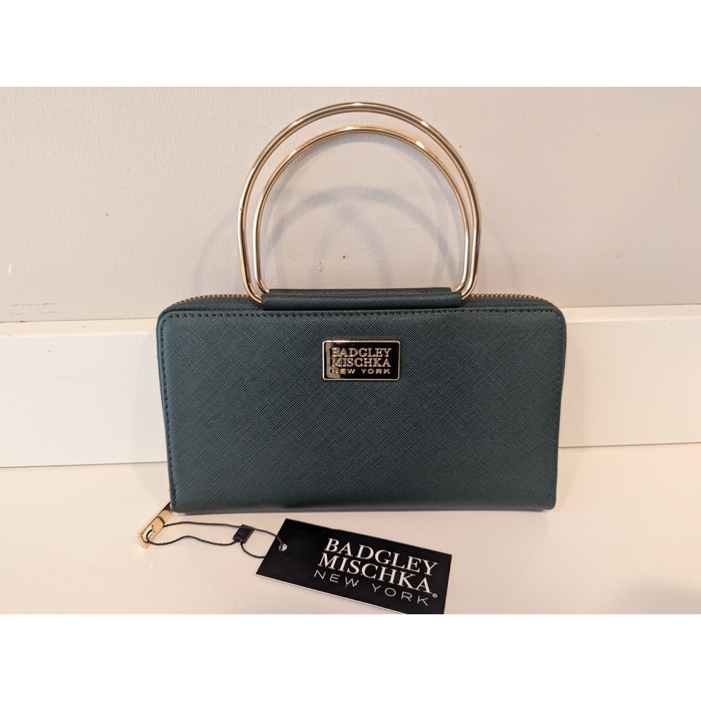 New Badgley Mischka Women's Zip-Around  Handle Wallet Clutch Purse Emerald Green